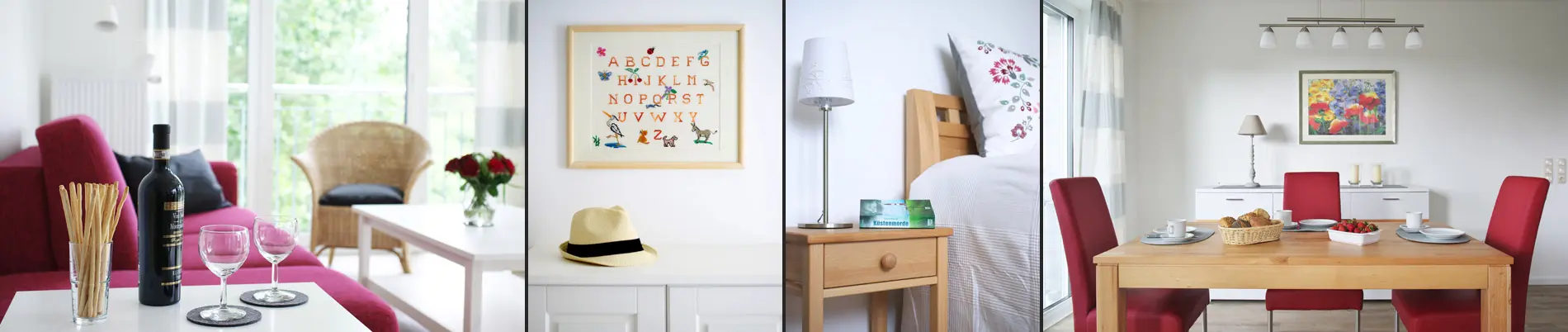 Hochwertige Fotografie moderner Innenraumgestaltung: Eine einladende Ferienwohnung mit harmonischer Farbgestaltung. Mehrteiliges Bild aus vier Einzelbildern. Links ein gemütlicher Wohnbereich mit rotem Sofa, einer Flasche Wein und frischen Brotstangen auf dem Tisch. Im Hintergrund ein Korbstuhl und eine Vase mit roten Rosen vor großen Fenstern, die natürliches Licht einfluten lassen. Zweites Bild von link zeigt ein Detail des Eingangsbereichs mit einer hellen Kommode im Anschnitt auf der ein Strohhut liegt. Das dritte Bild zeigt ein Bett im Anschnitt mit Holz-Nachttisch, Lampe und dekorativen Kissen. Im rechten Bild ist ein stilvoll gedeckter Esstisch mit roten Stühlen, frischen Erdbeeren und Brot zu sehen. Die präzise Bildkomposition unterstreicht die warme, moderne Ästhetik und den Komfort der Räume.